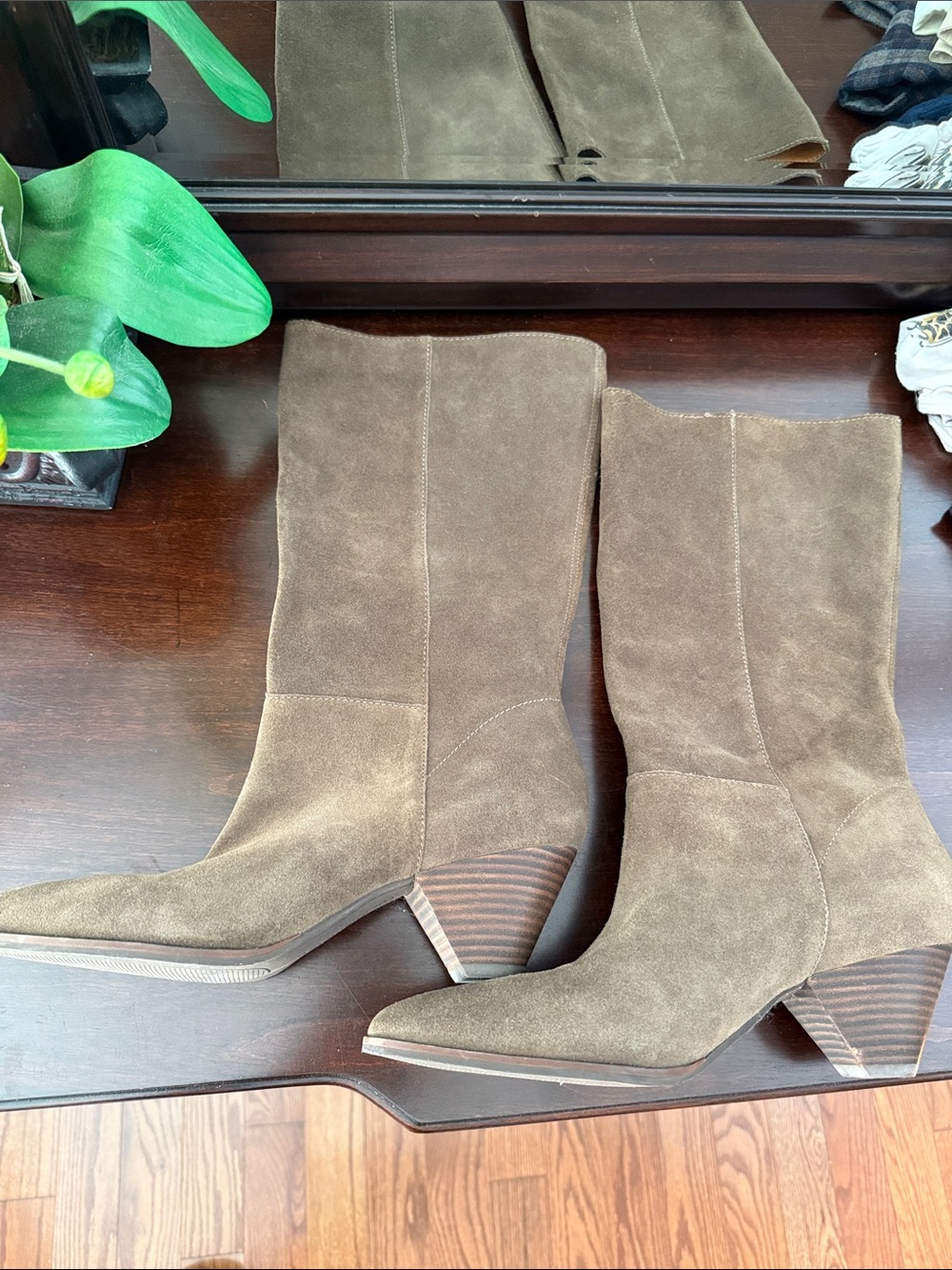 Lucky Brand Olive Green Suede Mid-Calf Heeled Boots